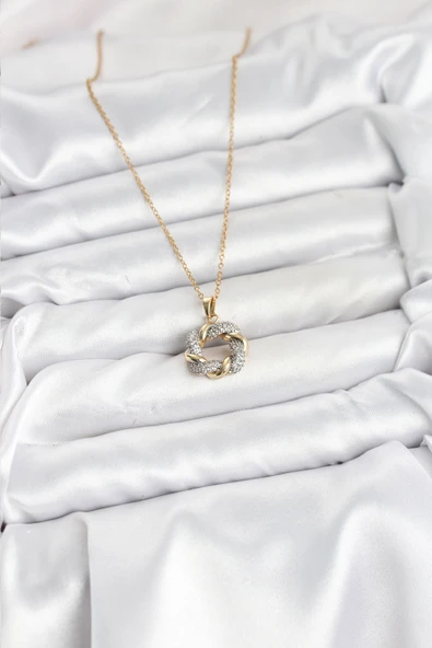 316L Çelik Zincir Gold Renk Zirkon Taşlı Sarmal Model Kadın Kolye - TJ-BKO10612 - Resim 2