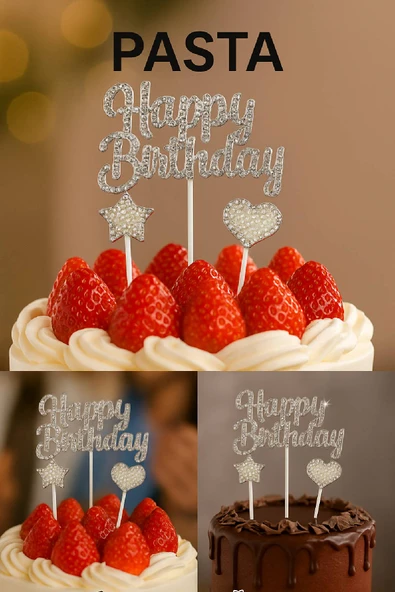 Happy Birthday Taşlı Pasta Süsü 3’lü Set – Gümüş Kalp ve Yıldızlı Işıltılı Doğum Günü Dekoru - Resim 4