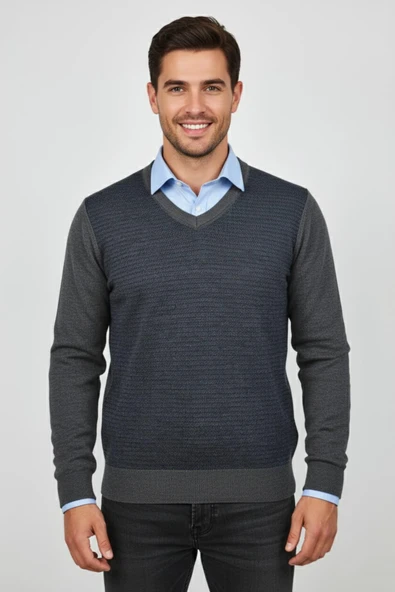 Erkek V Yaka Triko Kazak Çelik Örgü Regular Kalıp BGL-ST04838 ürün görseli