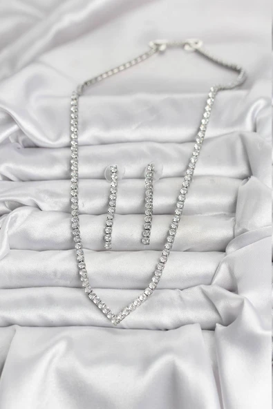 Gümüş Renk Zirkon Taşlı Kadın Kolye Küpe Seti - TJ-BKO10638 - Resim 2