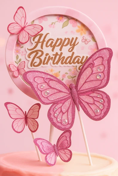 Pembe Kelebekli Pasta Süsü 2’li Set – Simli Happy Birthday Tasarım Doğum Günü Dekoru - Resim 3