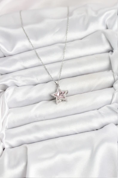 316L Çelik Zincir Gümüş Renk Pembe Taşlı Yıldız Model Kadın Kolye - TJ-BKO10620 - Resim 2