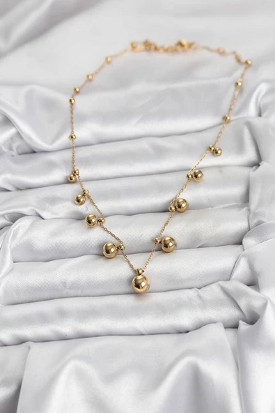 316L Çelik Zincir Gold Renk Topçuklu Kolye - TJ-BKO10632 - Resim 2