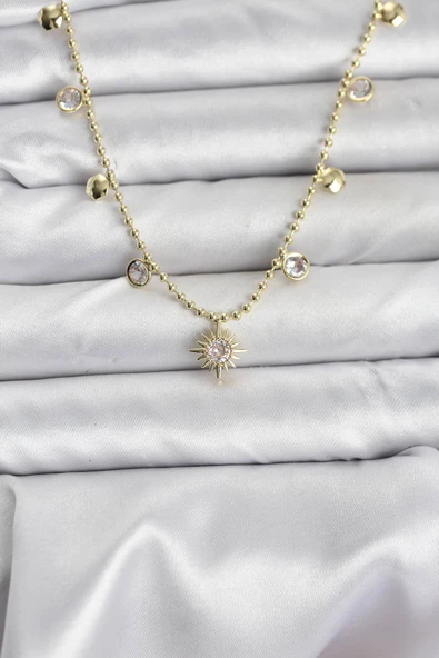 Zirkon Taşlı Kutup Yıldızı Model Pirinç Gold Renk Kadın Kolye - TJ-BKO10648 ürün görseli