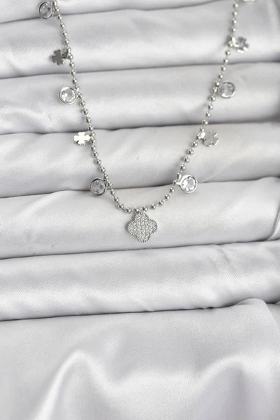 Pirinç Gümüş Renk Yonca Model Kadın Kolye - TJ-BKO10651 ürün görseli