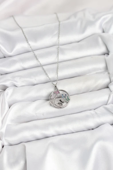 316L Çelik Zincir Gümüş Renk Zirkon Taşlı Kelebekli Kadın Kolye - TJ-BKO10608 - Resim 2