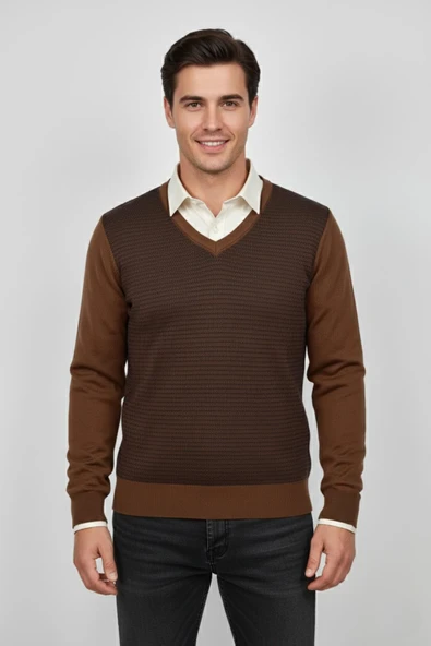Erkek V Yaka Triko Kazak Çelik Örgü Regular Kalıp BGL-ST04838 - Resim 5