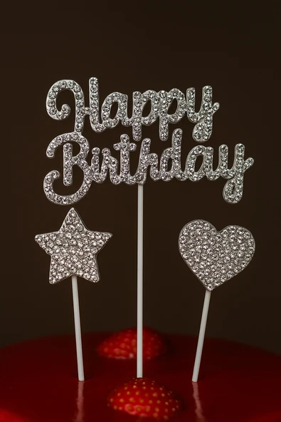 Happy Birthday Taşlı Pasta Süsü 3’lü Set – Gümüş Kalp ve Yıldızlı Işıltılı Doğum Günü Dekoru - Resim 3