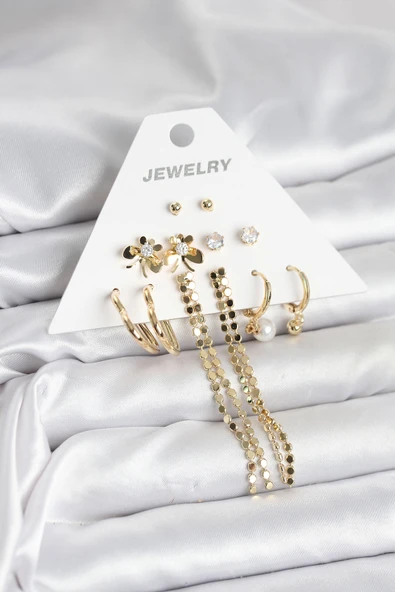 Gold Renk Pirinç 6'lı Kadın Küpe Seti - TJ-BKP11324 ürün görseli 1