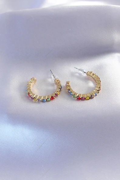 Gold Renk Yarım Halka Model Renkli Kristal Taşlı Kadın Küpe - TJ-BKP7268 ürün görseli 1