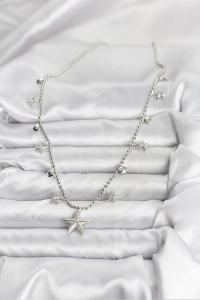 Pirinç Gümüş Renk Zirkon Taşlı Deniz Yıldızı Model Kadın Kolye - TJ-BKO10654 - Resim 2