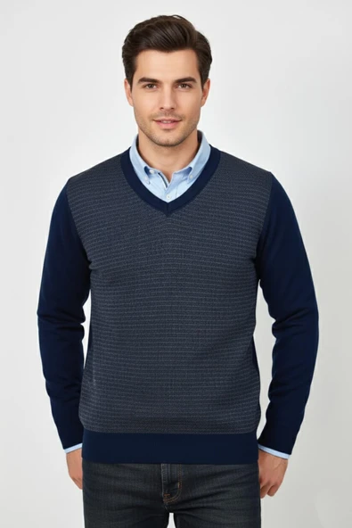 Erkek V Yaka Triko Kazak Çelik Örgü Regular Kalıp BGL-ST04838 - Resim 4