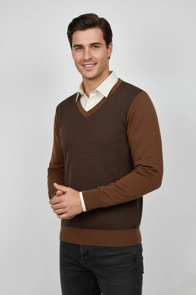 Erkek V Yaka Triko Kazak Çelik Örgü Regular Kalıp BGL-ST04838 - Resim 9