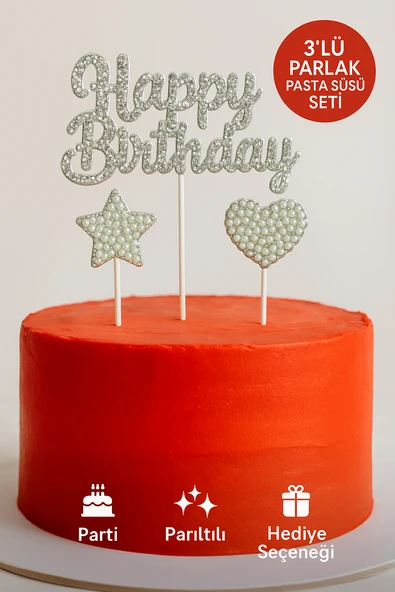 Happy Birthday Taşlı Pasta Süsü 3’lü Set – Gümüş Kalp ve Yıldızlı Işıltılı Doğum Günü Dekoru ürün görseli
