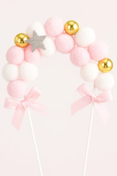 Pembe Ponponlu Pasta Süsü – Yumuşak Keçe Fiyonklu 3D Dekor Seti | Doğum Günü Süsleri - Resim 3