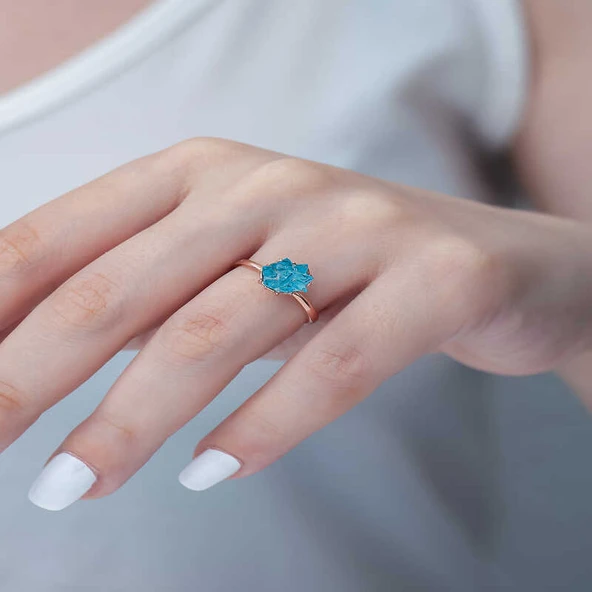 ​Gümüş Rose Mavi Lotus Çiçeği Yüzük - Resim 2