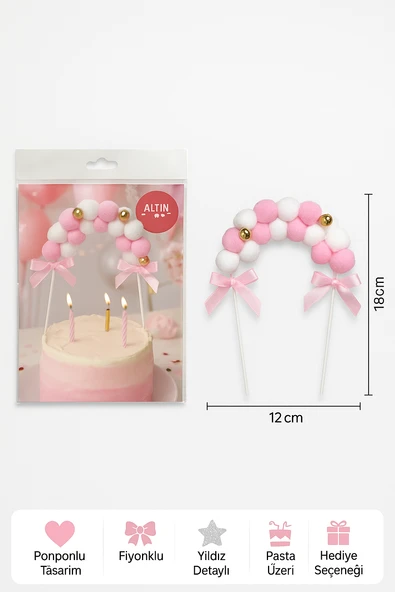 Pembe Ponponlu Pasta Süsü – Yumuşak Keçe Fiyonklu 3D Dekor Seti | Doğum Günü Süsleri - Resim 4