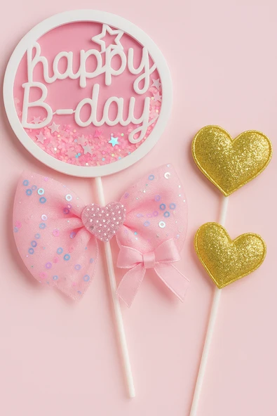 Pembe Fiyonklu Happy B-Day Pasta Süsü 3’lü Set – Altın Kalpli Simli Doğum Günü Dekoru - Resim 3