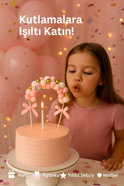 Pembe Ponponlu Pasta Süsü – Yumuşak Keçe Fiyonklu 3D Dekor Seti | Doğum Günü Süsleri - Resim 2