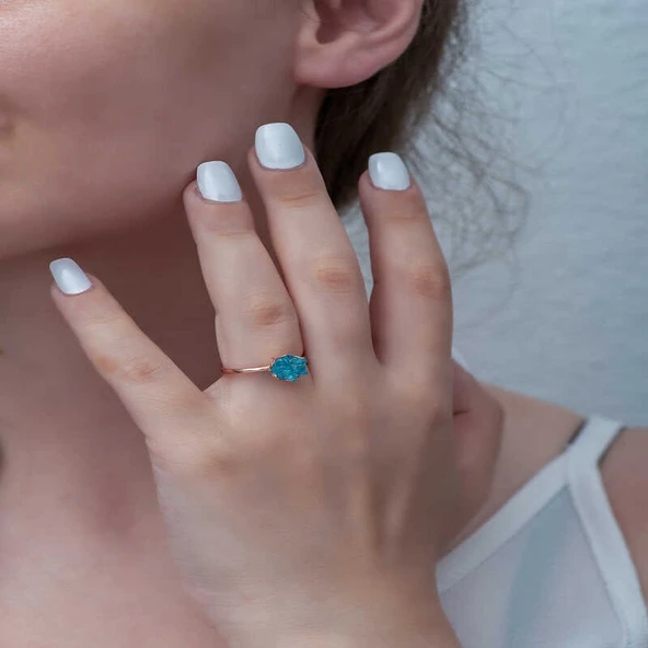 ​Gümüş Rose Mavi Lotus Çiçeği Yüzük - Resim 4