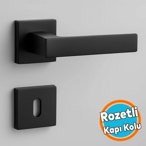 Oda Kapı Kolu Siyah Kare Rozetli Sağa Sola Uygun İç Dış Ev Oda Kapısı Kilitlenebilir 1 Takım ürün görseli