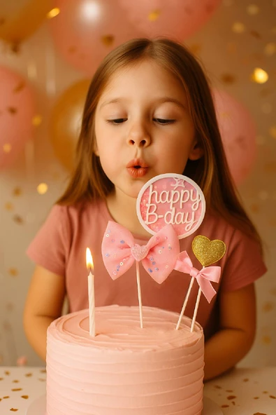Pembe Fiyonklu Happy B-Day Pasta Süsü 3’lü Set – Altın Kalpli Simli Doğum Günü Dekoru - Resim 2