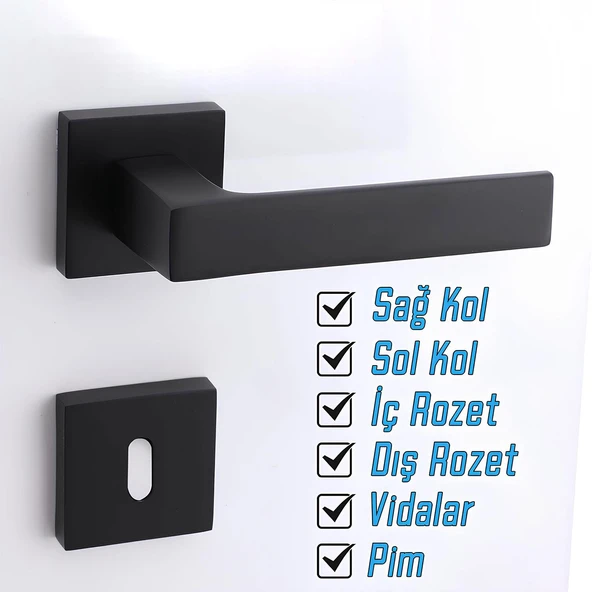 Oda Kapı Kolu Siyah Kare Rozetli Sağa Sola Uygun İç Dış Ev Oda Kapısı Kilitlenebilir 1 Takım - Resim 3