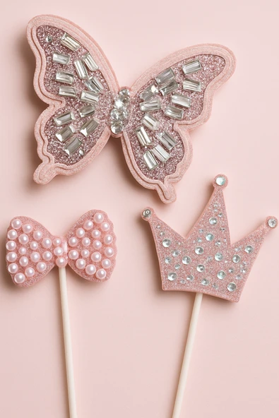 Pembe Taç ve Kelebekli Pasta Süsü 3’lü Set – Işıltılı Happy Birthday Doğum Günü Dekoru - Resim 3