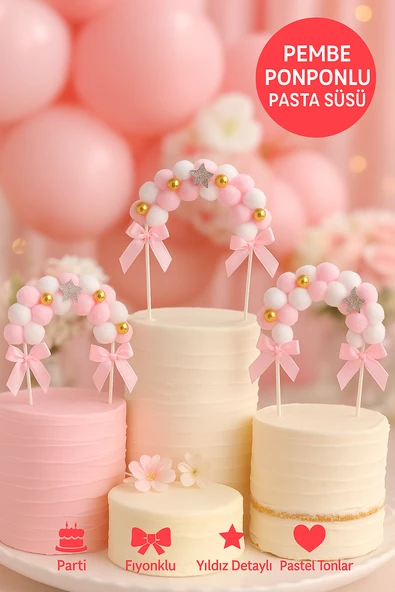 Pembe Ponponlu Pasta Süsü – Yumuşak Keçe Fiyonklu 3D Dekor Seti | Doğum Günü Süsleri ürün görseli