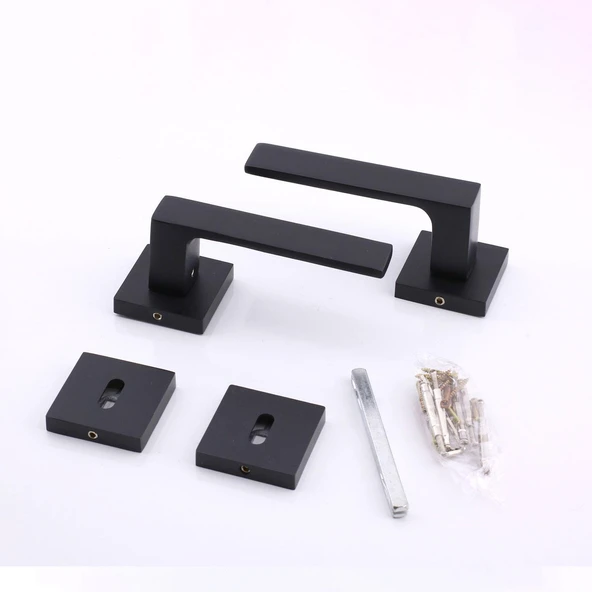 Oda Kapı Kolu Siyah Kare Rozetli Sağa Sola Uygun İç Dış Ev Oda Kapısı Kilitlenebilir 1 Takım - Resim 2