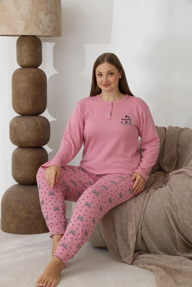 Lindros Kadın Pamuk'lu Düğme Yaka Raporlu İnterlok KIŞLIK Battal Pijama Takımı 0255 - 1 Adet   Pembe 5XL - Resim 6