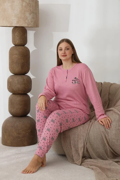 Lindros Kadın Pamuk'lu Düğme Yaka Raporlu İnterlok KIŞLIK Battal Pijama Takımı 0255 - 1 Adet   Pembe 5XL - Resim 7