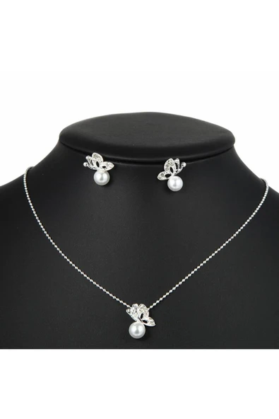 Kelebek Figürlü Zirkon Taşlı Inci Kadın Gümüş Kolye Küpe Seti Sevgiliye Hediye - Resim 2