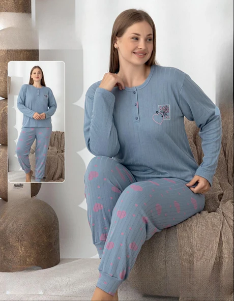 Lindros Kadın Pamuk'lu Düğme Yaka Raporlu İnterlok KIŞLIK Battal Pijama Takımı 0242 - 1 Adet   Mavi 5XL ürün görseli 1