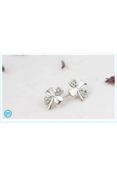 925 Ayar Taşlı 4 Yaprak Gümüş Bayan Yonca Küpe - Resim 5
