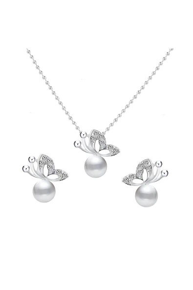 Kelebek Figürlü Zirkon Taşlı Inci Kadın Gümüş Kolye Küpe Seti Sevgiliye Hediye ürün görseli