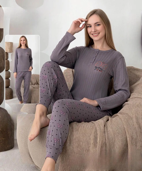 Lindros Kadın Pamuk'lu Düğme Yaka Raporlu İnterlok KIŞLIK Pijama Takımı 0274 - 1 Adet   L Füme - Resim 2