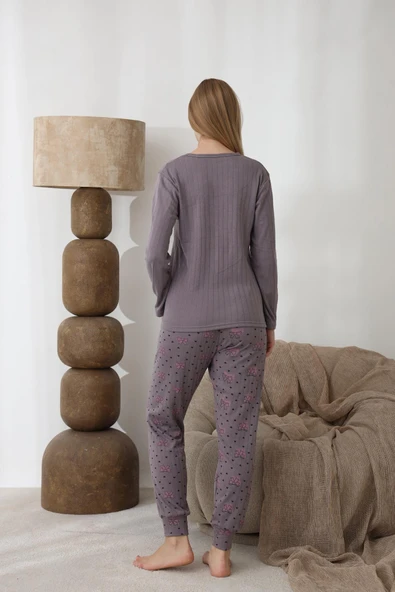 Lindros Kadın Pamuk'lu Düğme Yaka Raporlu İnterlok KIŞLIK Pijama Takımı 0274 - 1 Adet   L Füme - Resim 7