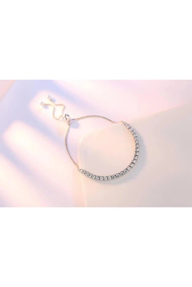 925 Ayar Damgalı Gümüş Kaplama Zirkon Taşlı Asansörlü Kadın Bileklik - Resim 3