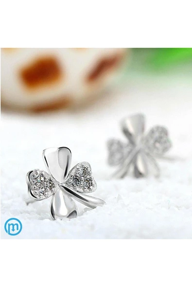 925 Ayar Taşlı 4 Yaprak Gümüş Bayan Yonca Küpe - Resim 4