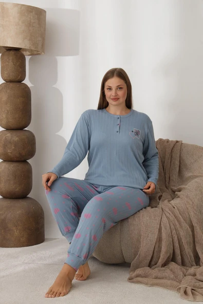Lindros Kadın Pamuk'lu Düğme Yaka Raporlu İnterlok KIŞLIK Battal Pijama Takımı 0242 - 1 Adet   Mavi 5XL - Resim 6