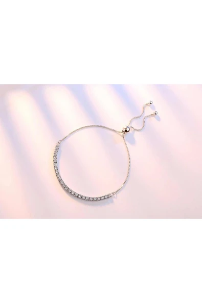 925 Ayar Damgalı Gümüş Kaplama Zirkon Taşlı Asansörlü Kadın Bileklik - Resim 6