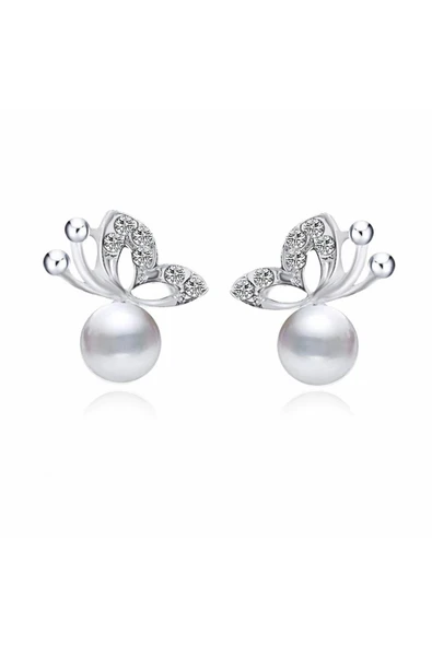 Kelebek Figürlü Zirkon Taşlı Inci Kadın Gümüş Kolye Küpe Seti Sevgiliye Hediye - Resim 3