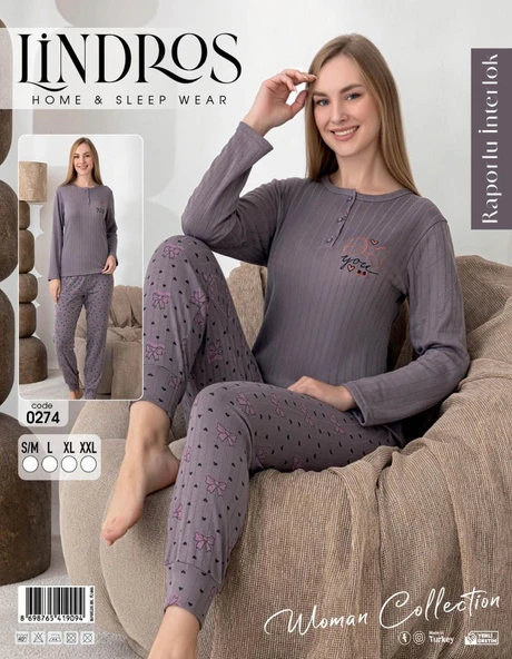 Lindros Kadın Pamuk'lu Düğme Yaka Raporlu İnterlok KIŞLIK Pijama Takımı 0274 - 1 Adet   L Füme - Resim 3