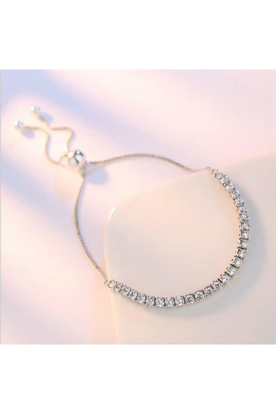 925 Ayar Damgalı Gümüş Kaplama Zirkon Taşlı Asansörlü Kadın Bileklik - Resim 4