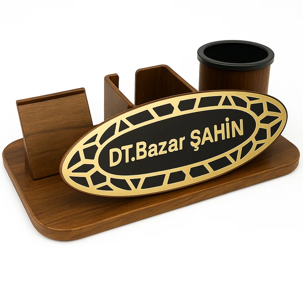 Kişiye Özel Masa İsimliği – Gold Pleksi Çerçeveli Organizer, Kalemlik ve Kartlık Seti ürün görseli