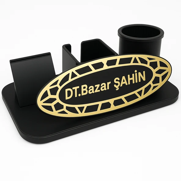 Kişiye Özel Masa İsimliği – Gold Pleksi Çerçeveli Organizer, Kalemlik ve Kartlık Seti - Resim 2