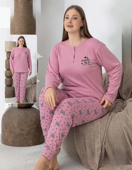 Lindros Kadın Pamuk'lu Düğme Yaka Raporlu İnterlok KIŞLIK Battal Pijama Takımı 0255 - 1 Adet   Pembe 5XL ürün görseli 1