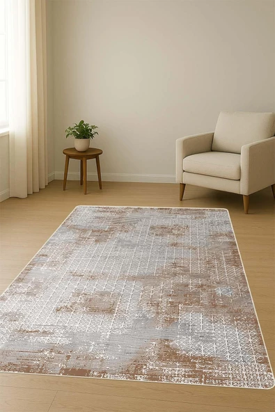 Parlak Kadife Kumaş Dijital Baskı Eskitme Desenli Dot Kaymaz Tabanlı Halı H1110 RENKLİ 120 X 180 - Resim 2