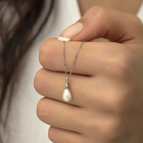 Gümüş Damla İnci Bayan Kolye - Resim 5